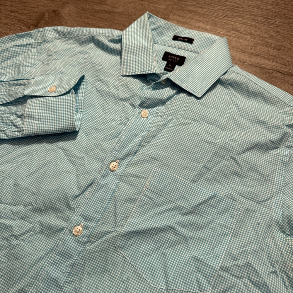 J Crew Shirt Mens Medium Blue Gingham Check Ludlow 120s 2 ply 100% Cotton Adult